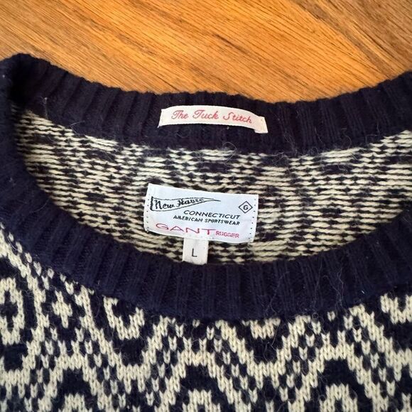 GANT RUGGER The Tuck Stitch Sweater Evening Blue Wool Size L - Picture 8 of 8